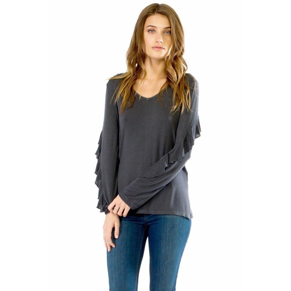 Anama Small Ruffle Long Sleeve Top‎ $108 Gray 1040
